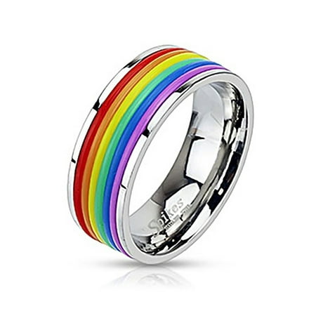 - Rainbow Pride Rubber Striped Stainless Steel Band Ring - Sizes 7-12 Available