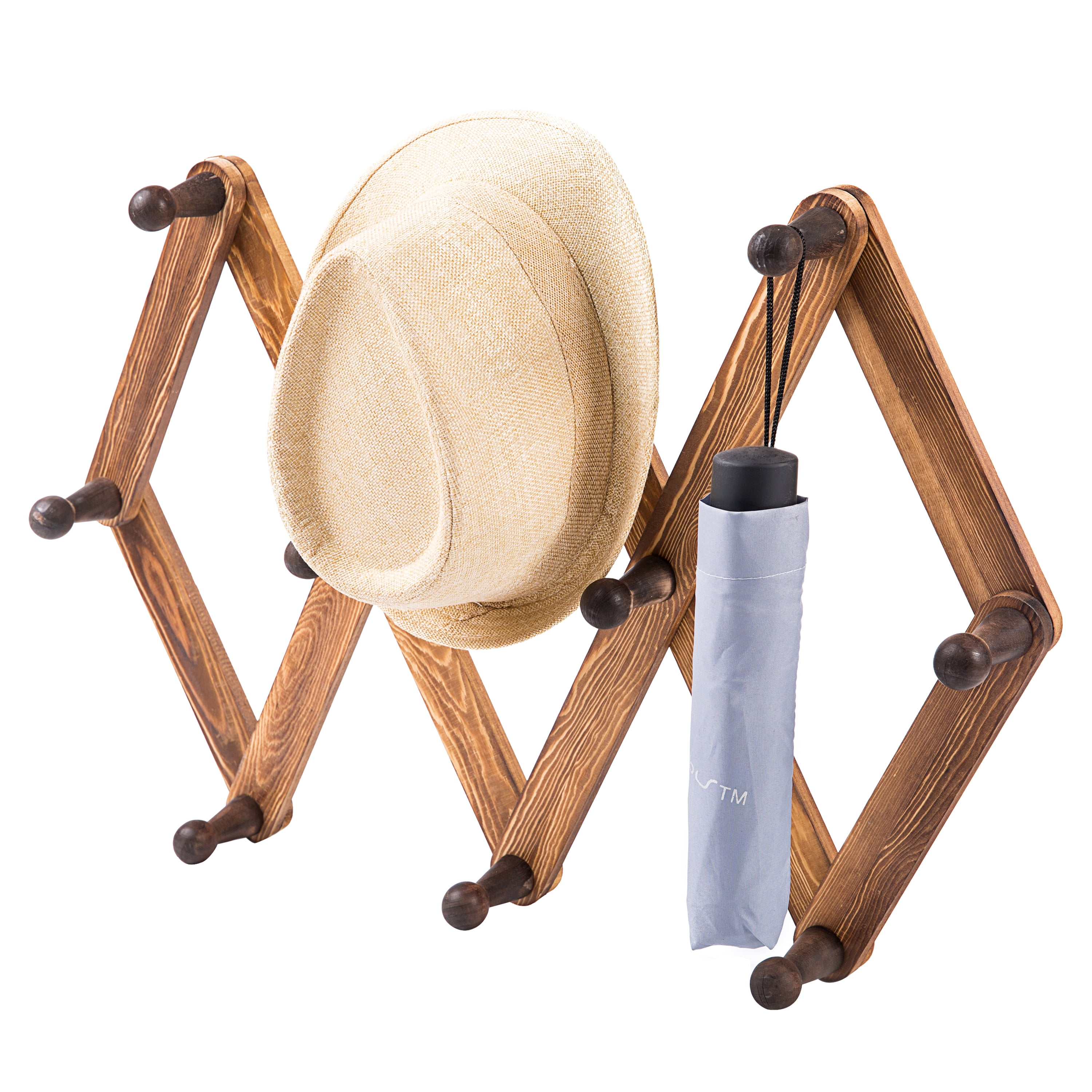 10-Hook Burnt Wood Wall-Mounted Expandable Accordion Peg Coat Rack Hanger