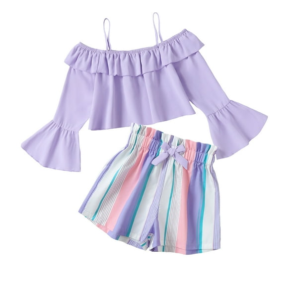 8Y Big Girls Clothes Big Girls Outfits 8-9 Years Girls Long Sleeve Off-the-shoulder Suspender Top Stripe Shorts 2PCS Clothing Set Purple