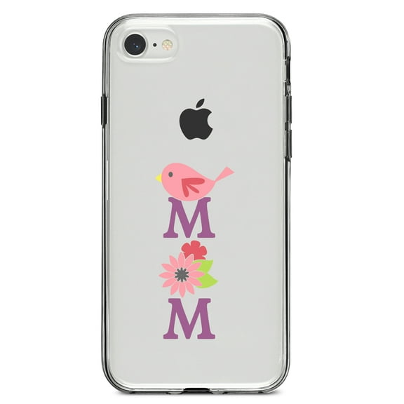 DistinctInk Clear Shockproof Hybrid Case for iPhone 7 8 SE (2020 Model) 4.7" Screen TPU Bumper Acrylic Back Tempered Glass Screen Protector - Mom - Pink Bird & Flowers
