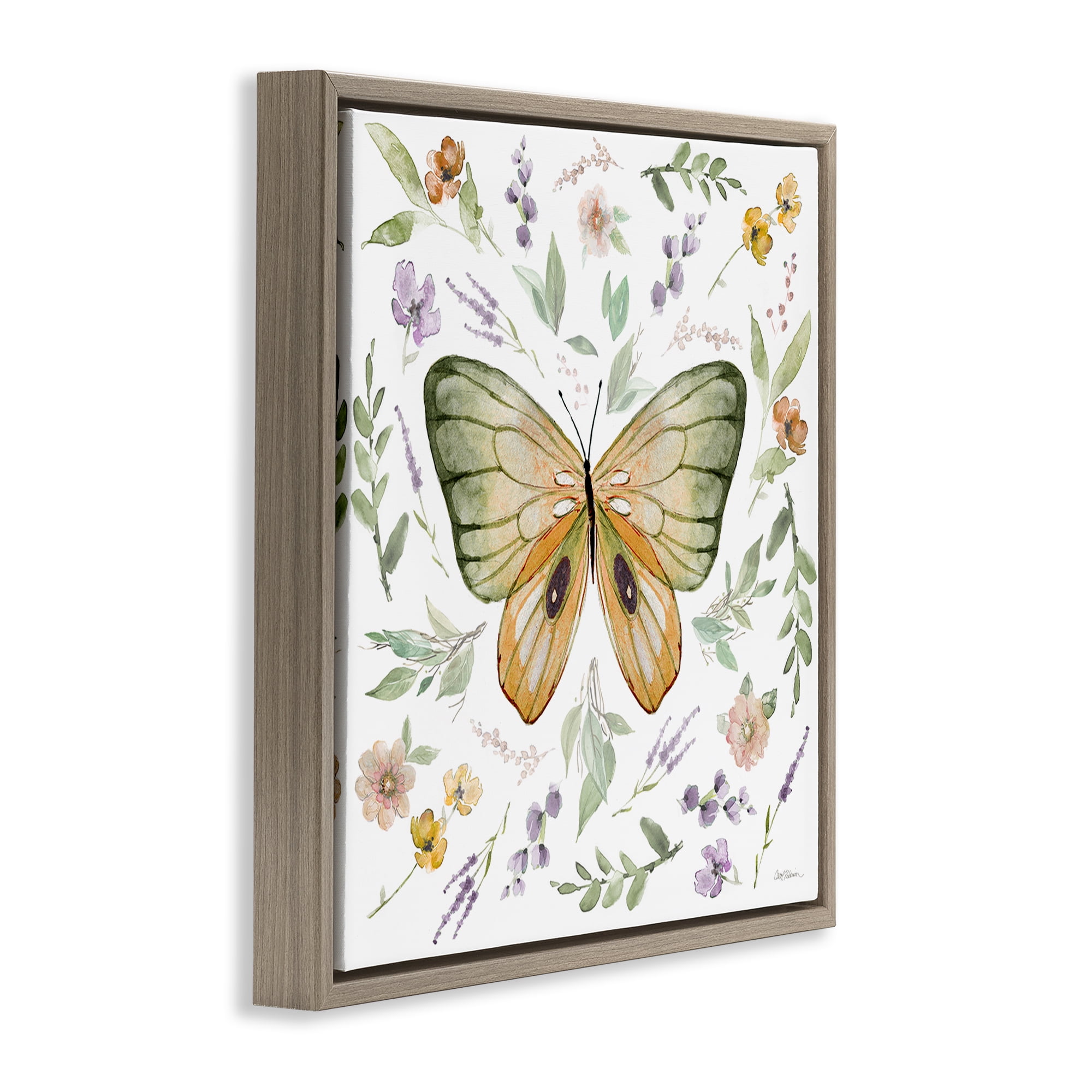 Stupell Industries Cottage Butterfly Botanicals Animals Painting Brown Floater Framed Canvas Art Print Wall Art, 18 x 18
