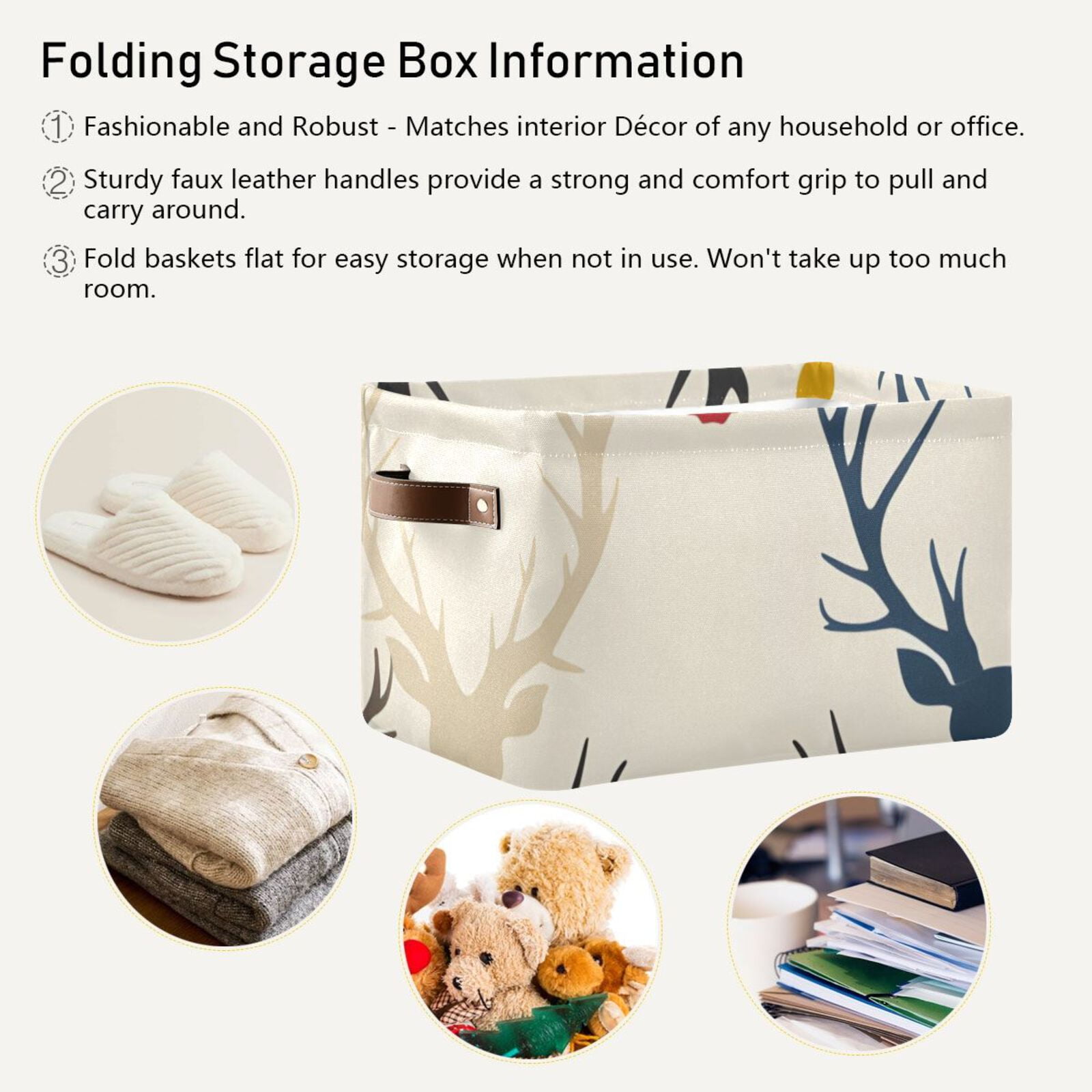 Print Antlers Deer Head Storage Bins Baskets With Handles Storage Box Clothes Organizer Organization Toys