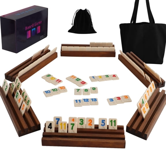 HOROW Rummy Cube Board Game, Equipped with 160 Rummy Tiles, 6 Wooden Tile Racks, Drawstring Storage Bag, Handbag
