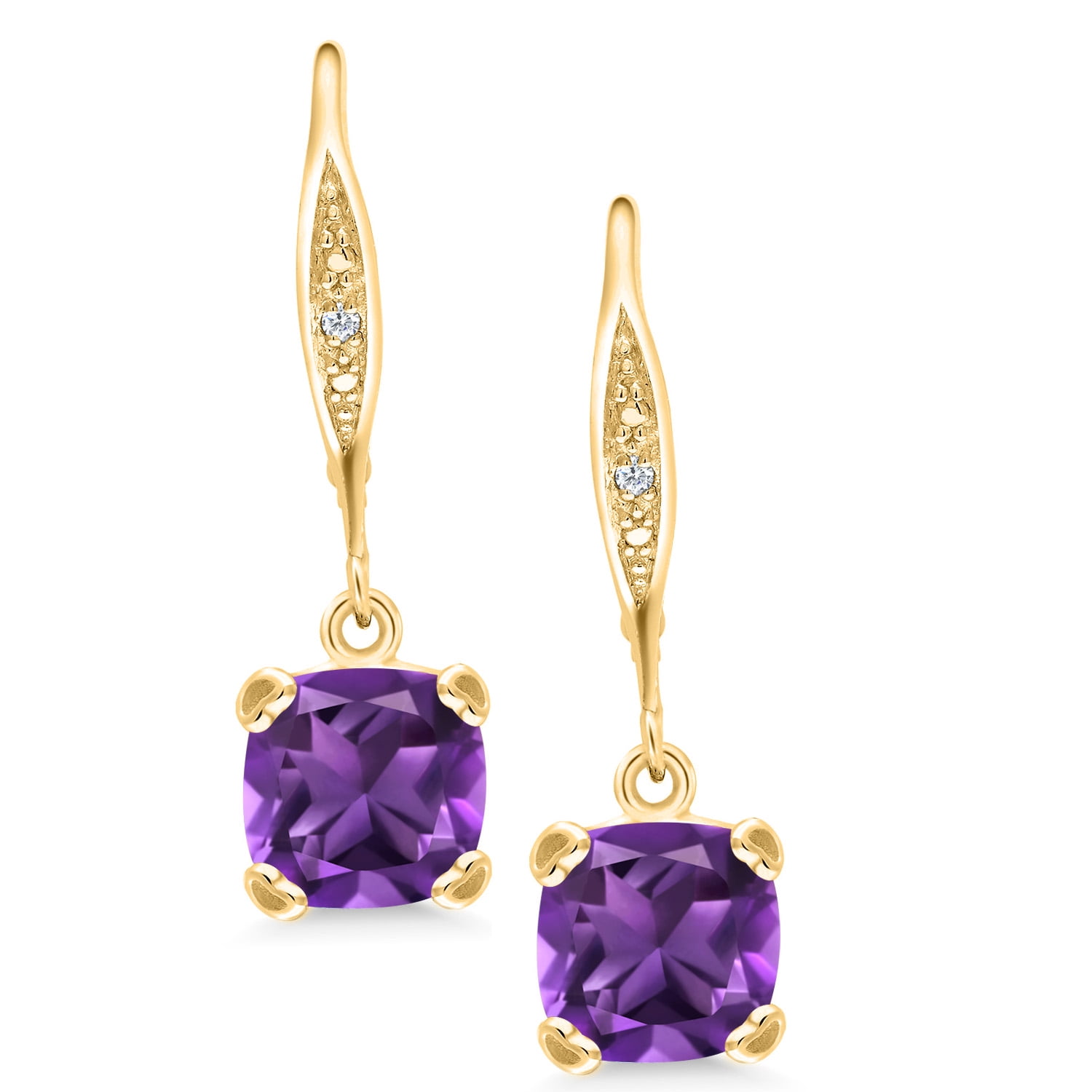 Gem Stone King 18K Yellow Gold Plated Silver Purple Amethyst and White Diamond Earrings for Women (2.81 Cttw, Gemstone February Birthstone, Cushion 7MM)