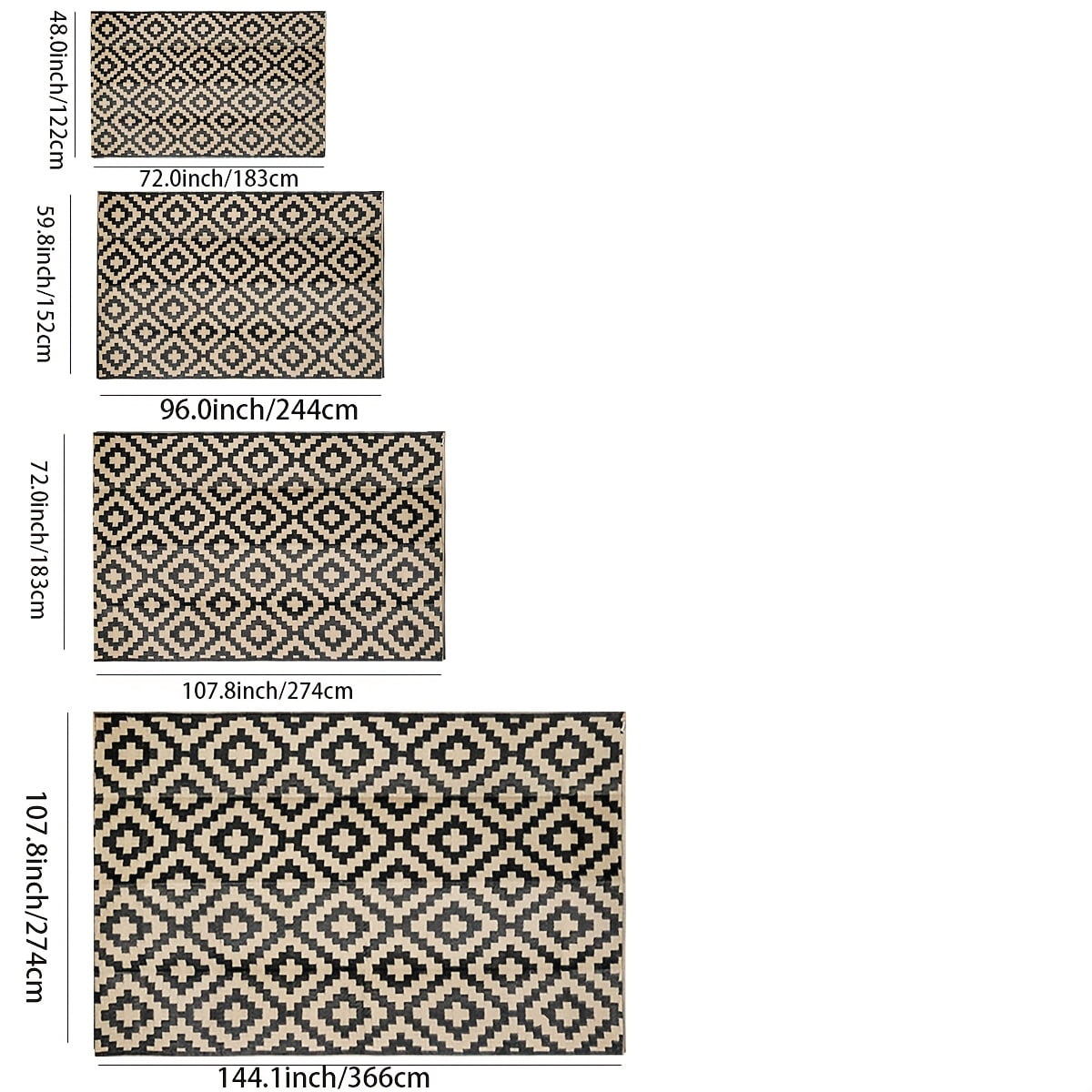 Kzaei Waterproof Outdoor Rug, 4'x6' Reversible Plastic Camping Area Rugs, Black & Beige