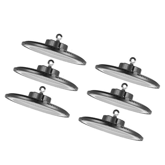KFFKFF 6 Pack LED High Bay Lights, 200W 5000K Bright UFO-Style Lights, 30000LM Output, IP65 Waterproof, 100-277V Voltage Range for Workshops, Warehouses, Gyms, Garages, and Barns, Black