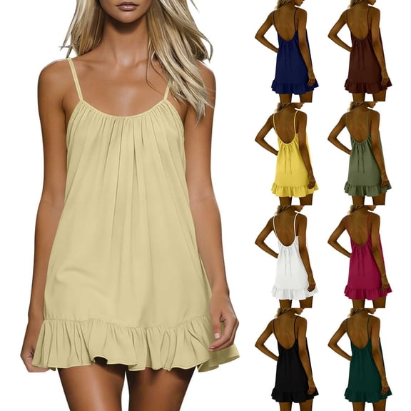 PIWHJQK Women Cotton And Linen Sleeveless Midi Dress Solid Color Linen Cotton Dress Women Spaghetti Strap Ruffled Mini Summer Dress