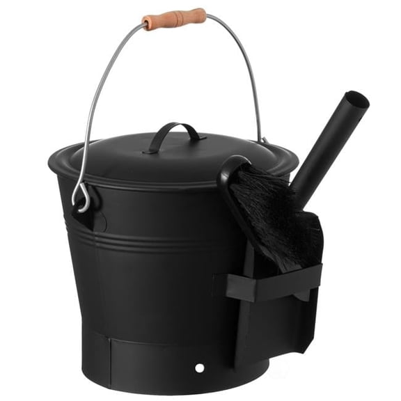 Black Iron Ash Bucket with Lid and Wood Handle Brush Use for Fire Pit, Wood Burning Stove and Grill