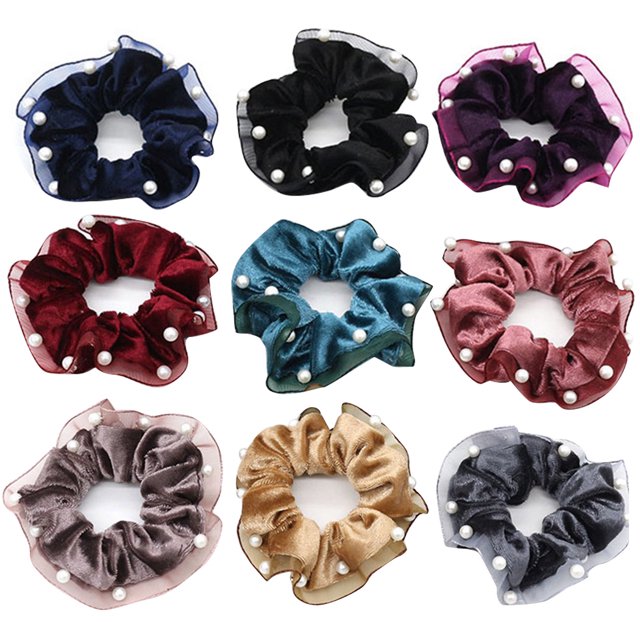 9PCS Cheveux Scrunchies Mode Solide Couleur Perles Créatif Cheveux Cravate Ponytail Titulaire