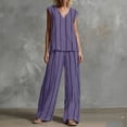 thumbnail image 6 of QSAWXQZ Women's Cotton Linen 2pc Outfit Sets Striped V Neck Sleeveless Tank Top Elastic Waist Wide Leg Pants with Pockets Casual for Summer XL, 6 of 6