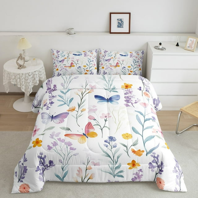 Erosebridal Watercolor Flower Bedding Twin Comforter Set, Colorful Butterfly Down Comforter, 2 Pieces, Lightweight