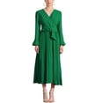 thumbnail image 2 of INSPIRE CHIC Elegant Pleated Dress for Women's Cross V Neck Puff Sleeve Tie Waist A-Line Dresses, 2 of 5