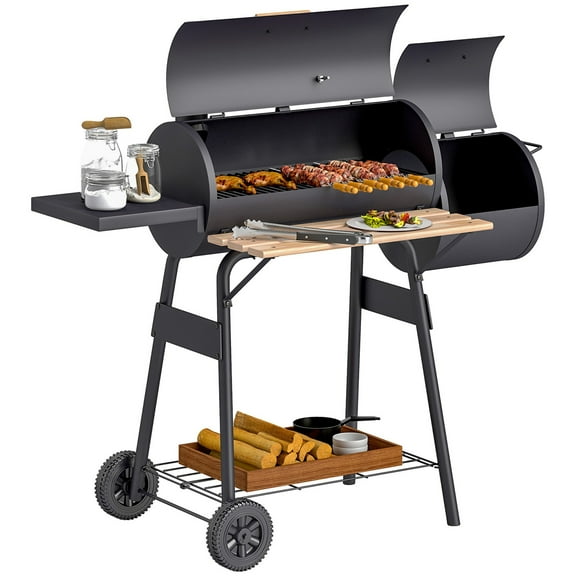 KDTHTF 231 Sq.In. Portable Charcoal BBQ Grill and Offset Smoker Combo – Backyard Outdoor Barbecue Grill with Thermometer, Storage Shelves & Durable Steel Construction