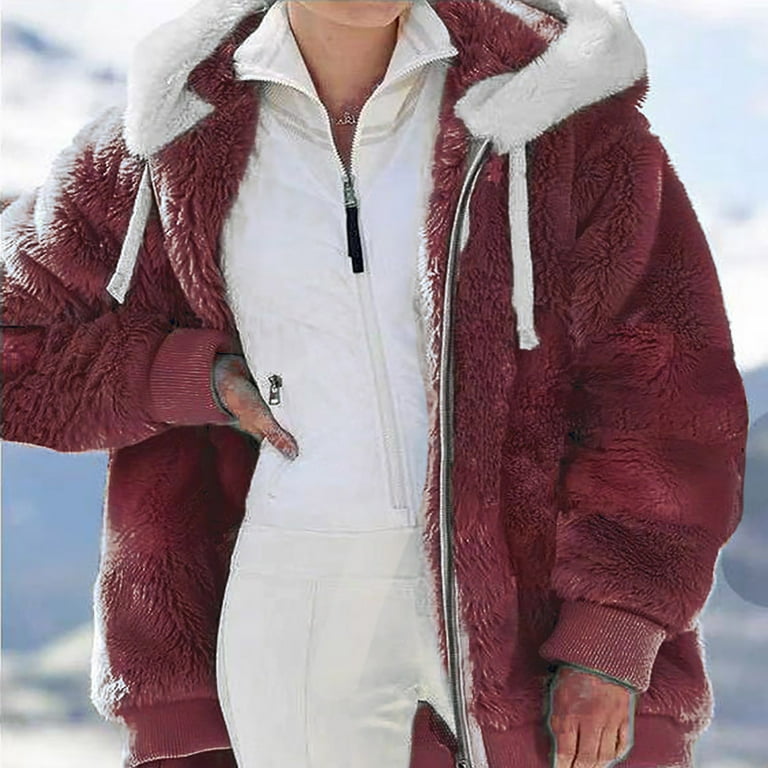 Stamzod Womens 2022 Winter Fuzzy Fleece Jacket Plus Size Winter Warm Loose  Plush Zip Hooded Jacket Coat with Pockets Red L 
