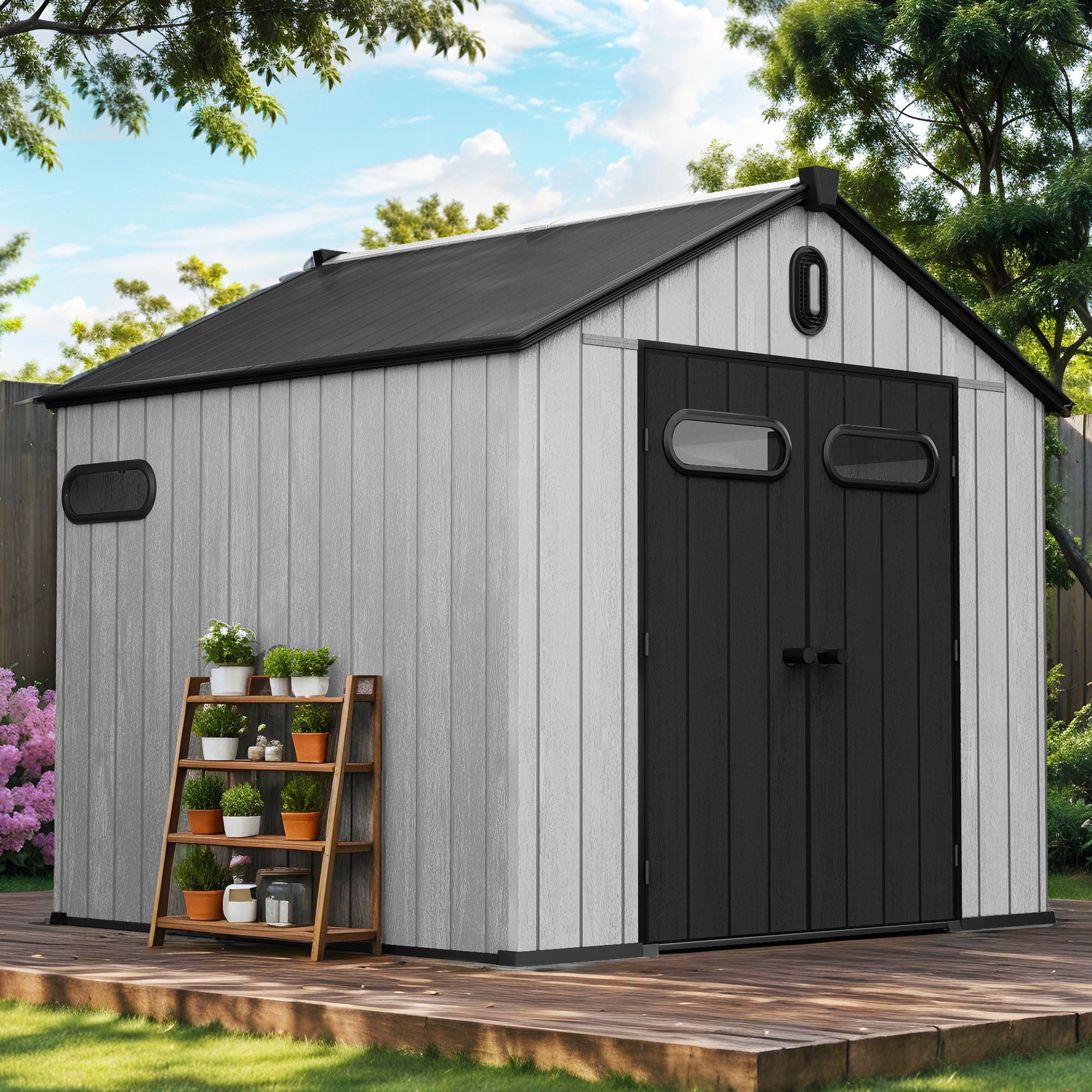Uforic 8x8ft Outdoor Resin Storage Shed with Floor, 427cuft Garden Shed with Lockable Door, Windows & Vents, Plastic Tool Storage, Waterproof
