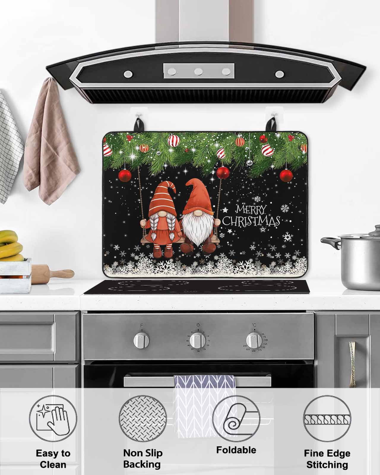 Large Induction Cooktop Protector Mat Black Gnomes Christmas Stove Top Covers for Electric Stove, Xmas Weeping Balls Snowflake Decorative Stove Burner Cover Mats, Glass Top Stove Cover