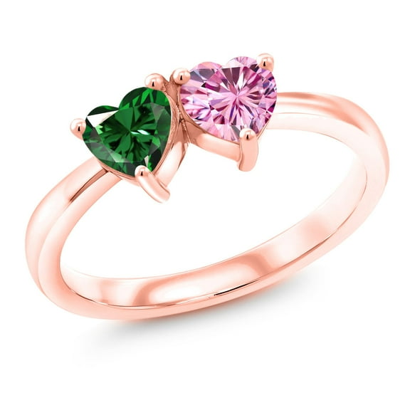 Gem Stone King 18K Rose Gold Plated Silver Fashion Right-Hand Ring Heart Shape Green Nano Emerald and Vivid Pink Moissanite (1.00 Cttw, Size 6)