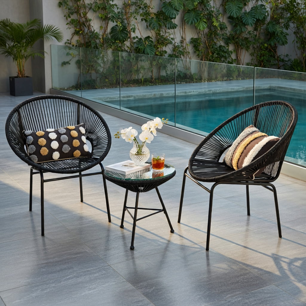 Hommoo 3-Piece Outdoor Acapulco Bistro Set, PE Rope Chairs + Tempered Glass Table for Patio, Yard & Poolside, Black