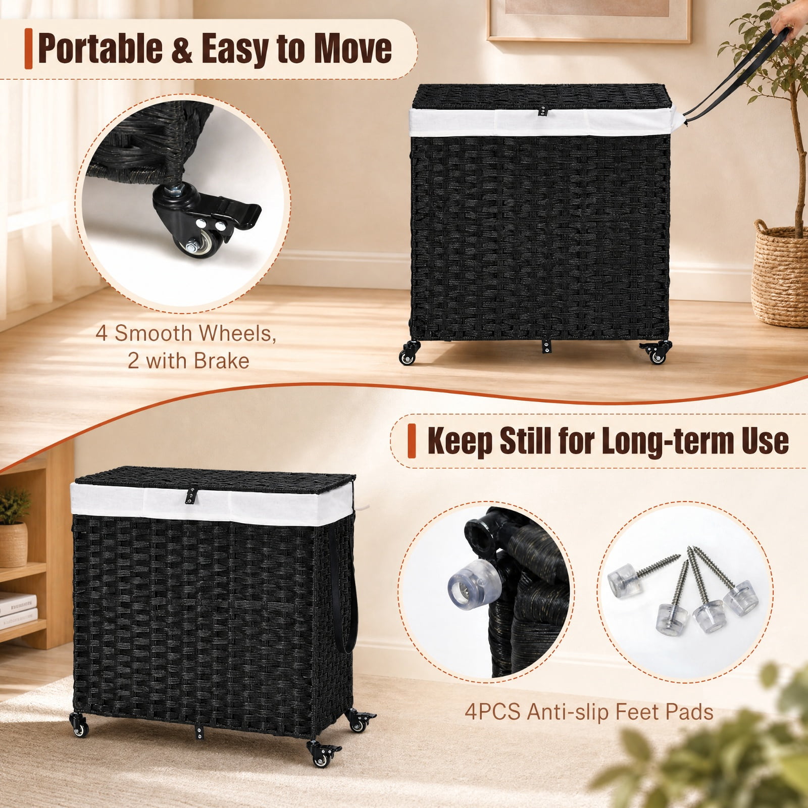 Vebreda Laundry Hamper with Wheels and Lid, Multifunctional Laundry Solution, Sturdy Structure and Durable Materials, Humanized Details