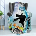 thumbnail image 4 of Urban Graffiti Soft Flannel Fleece Throw Blanket, Silhouette of Break Dance Performer Loudspeakers Concentric Stars Dots, Cozy Plush for Indoor and Outdoor Use, 60" x 80", Multicolor, by Ambesonne, 4 of 5