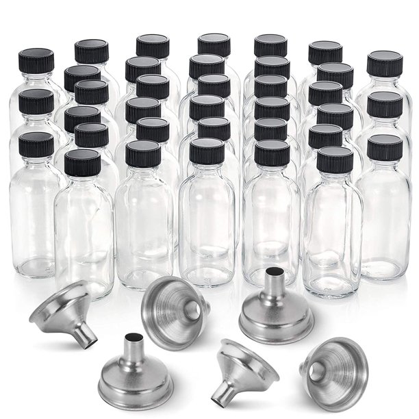 36 botellas pequeñas de vidrio transparente de 2 oz (60 ml) con tapas y 3 embudos de acero inoxidable - Botellas de muestra redondas Boston para pociones, jugos, chupitos de jengibre, aceites