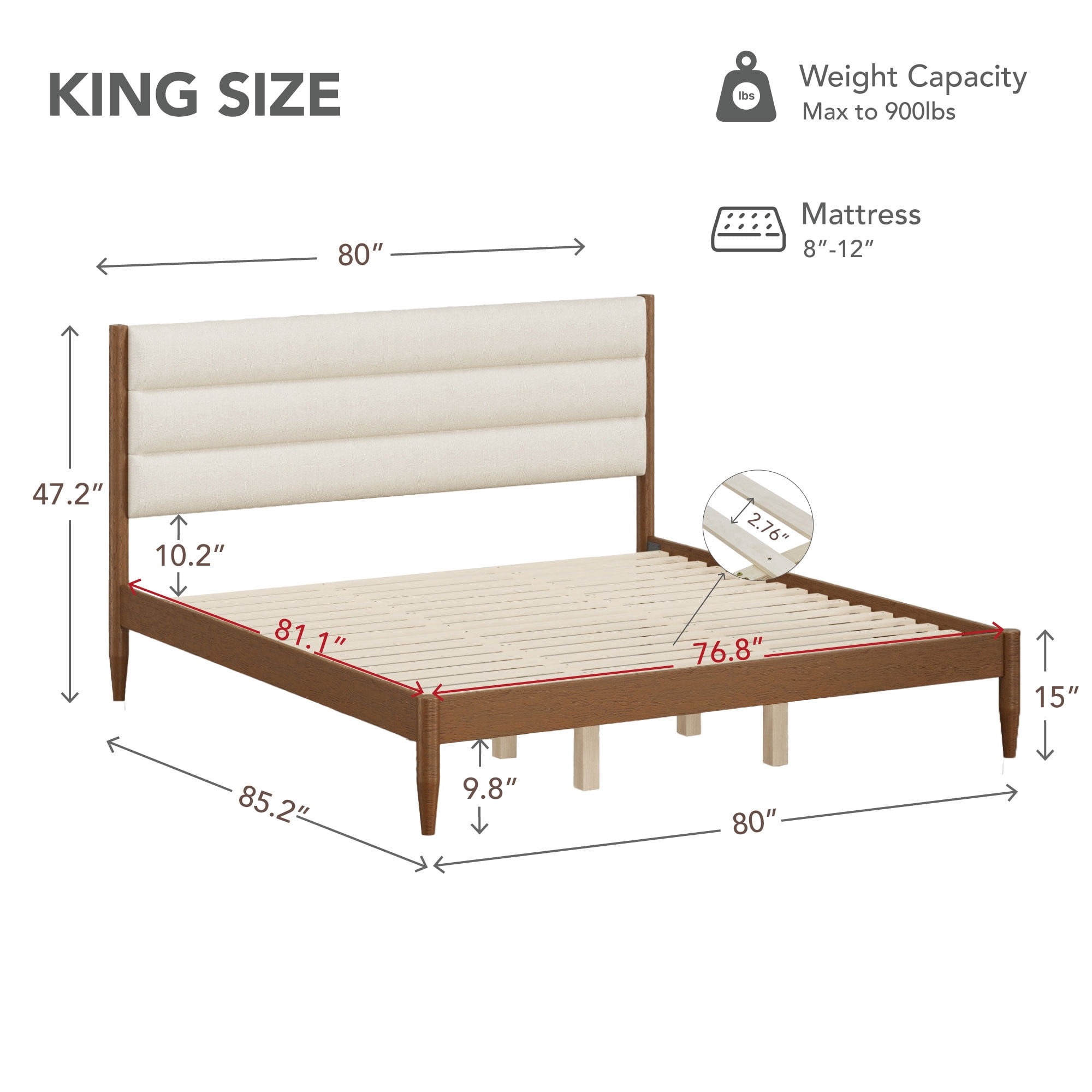 Spruce & Spring Farmhouse King Upholstered Bed Frame, Solid Rubberwood Frame, Cream Boucle Headboard, Noise-Free, No Box Spring Required, Walnut & Cream