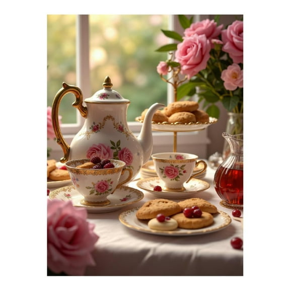 Diamond Art Kit for Adults, Tea Set Roses Display Diamond Painting for Adults Beginners, 5D DIY Diamond Art Painting Kits, Colorful Diamond Painting Craft for Home Decor 12x16 Frameless