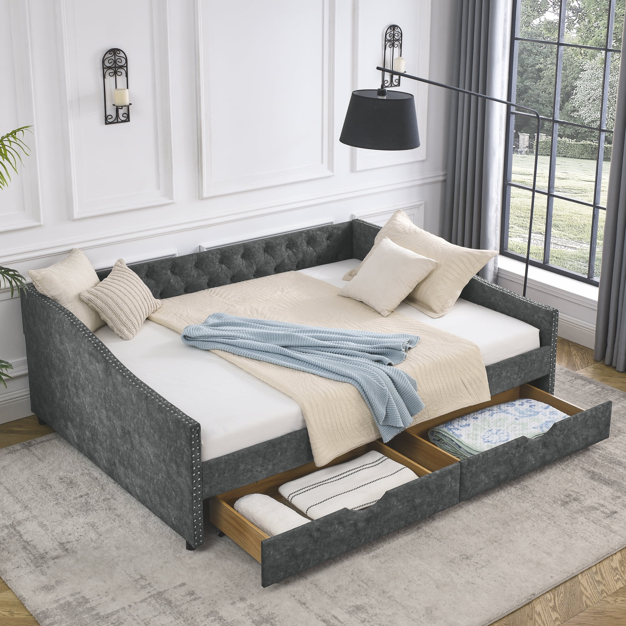 Momspeace Upholstered Daybed with Drawers, Modern Fabric Queen Size