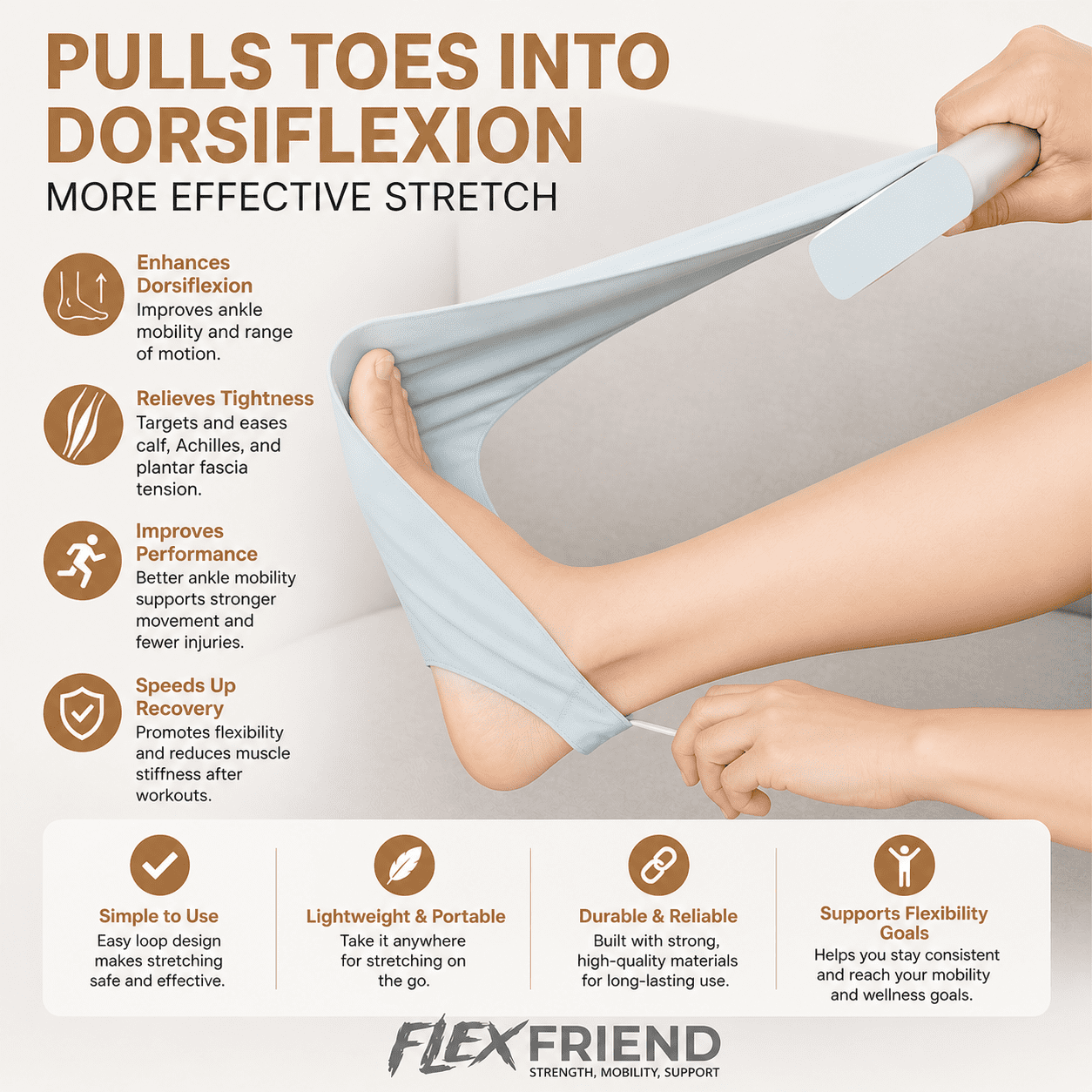 Flex Friend Non-Elastic Yoga & Pilates Stretching Strap with Ergonomic Handles, Full Body Mobility Trainer – Blue