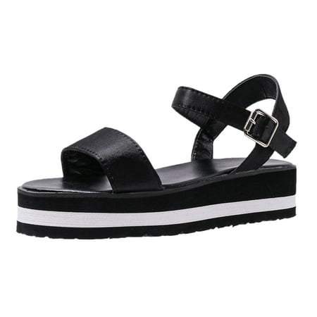 

PMUYBHF Sandals Women Wide Wedge Ladies Summer Simple Colour Blocking Comfortable Thick Bottom One Word Buckle Straps Large Size Beach Shoes Sandals