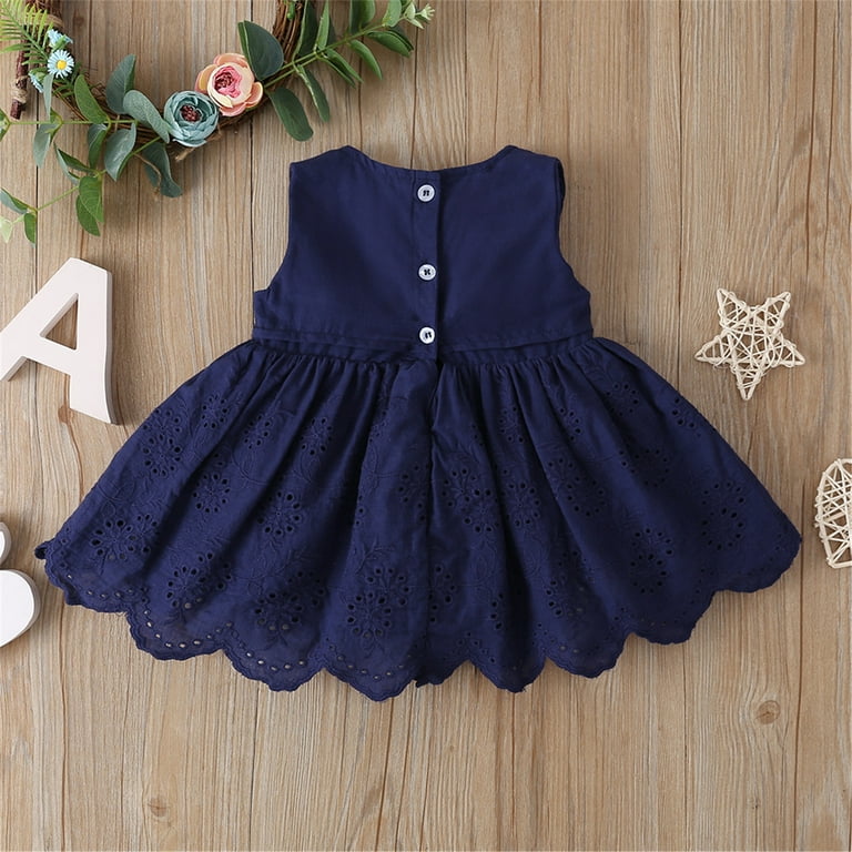 Canrulo Toddler Kids Baby Girl O Neck Solid Color Sleeveless Hollow Out Cotton Dress Navy Blue 12 18 Months Walmart
