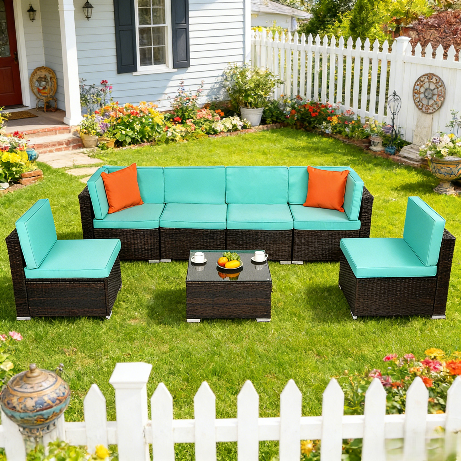 Ktaxon 7 Piece Black Rattan Sofa Set Lake Blue Cushions with Storage Table Boho Living Room Furniture