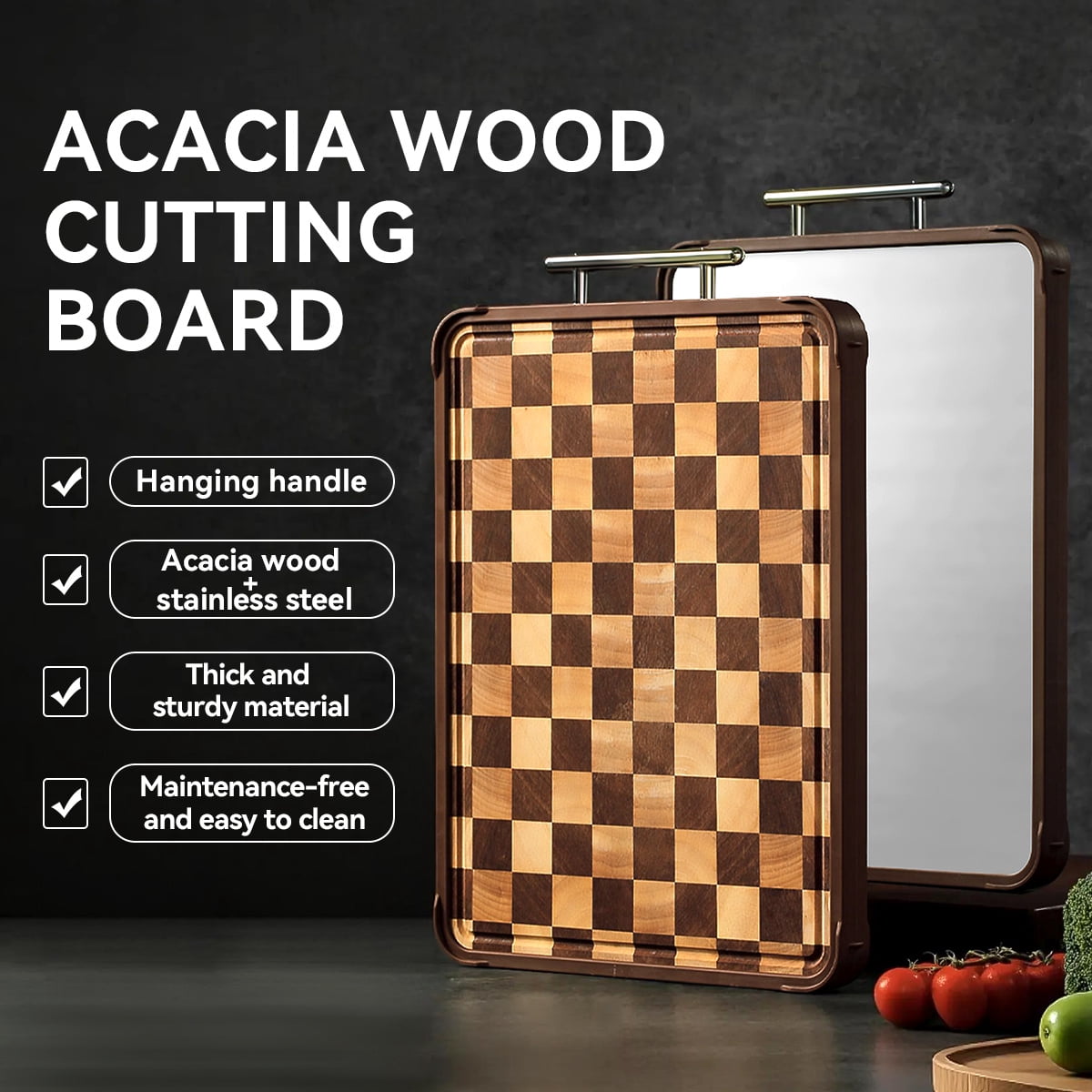 Acacia Wood Cutting Board with Stainless Steel Handle, Large Rectangular, 14.96x10.2x1.02 Inches, for Meat, Vegetables, Fruits, Cheese