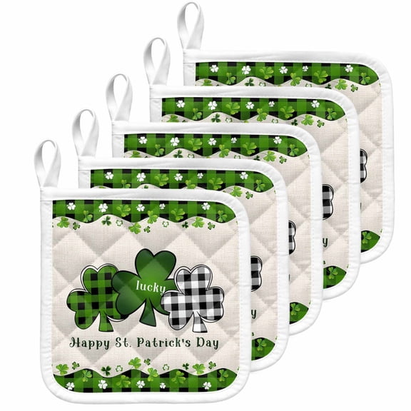 St. Patrick's Day Pot Holders for Kitchen Heatproof Potholder, 5 Pack Green and Black Checkered Lucky Hot Pads Multipurpose Oven Pads Cloth Potholders Trivet for Cooking Baking