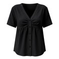 thumbnail image 6 of VJGBEGW Women Deep V Neck Short Sleeve Button Down Peplum Tops Front Ruched Flowy Casual Blouses Shirts Black L, 6 of 6