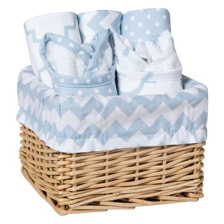 UPC: 0846216052156 | Trend Lab Blue Sky 7 Piece Feeding Gift Basket for Baby Boy or Girl – White & Blue Includes 2 Bibs 3 Burps Basket & Liner