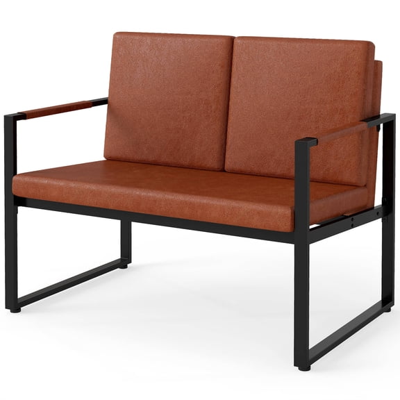 Costway Modern Loveseat Sofa,2-Seater Sofa with Solid Metal Frame & Removable Back Cushions Brown   Black