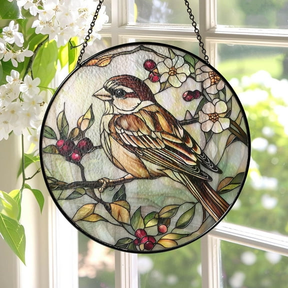 New Sparrow Stained Glass Suncatcher, Charming Sparrow Glass Flowers Window Decor, Bird Window Hanging, Bird Lover Gifts, Gift For Grandma Mom