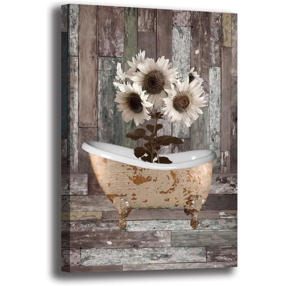 Farmhouse Bathroom Wall Art Sunflower Wall Decor Rustic Farmhouse Sunflowers Painting Poster Flower Artwork Picture Canvas Painting Home Decor For Bedroom Living Room 12X16 inch Frameless