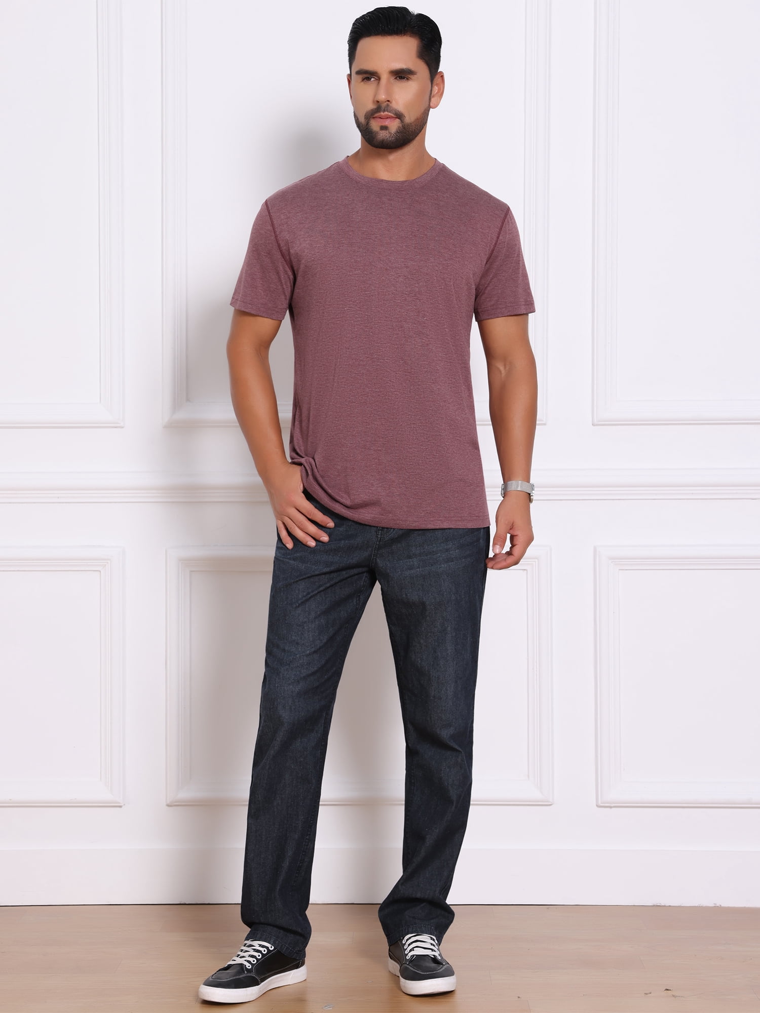 DARING DIVA Men's Crew Neck Short Sleeve Solid Color Retro Style T-Shirt XL Burgundy
