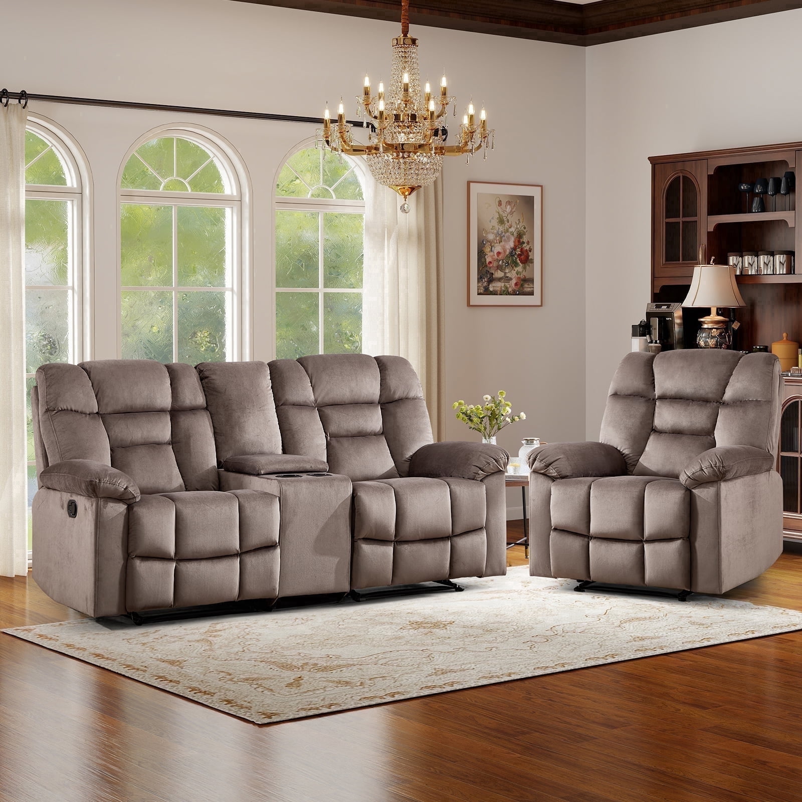 Bonzy Home Brown Manual Recliner Sofa Set with Single Seat, Loveseat, Hidden Storage and Cup Holders