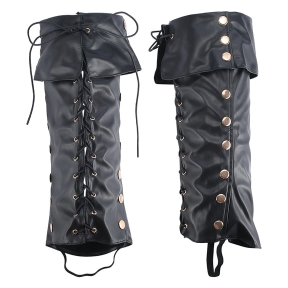 2Pcs Medieval Covers Black PU Leather Leg Guards Leather Pirate Boots Wraps Vintage Renaissance Knight Leg Gaiters Costume Accessories for Carnival Warrior Cosplay DIY