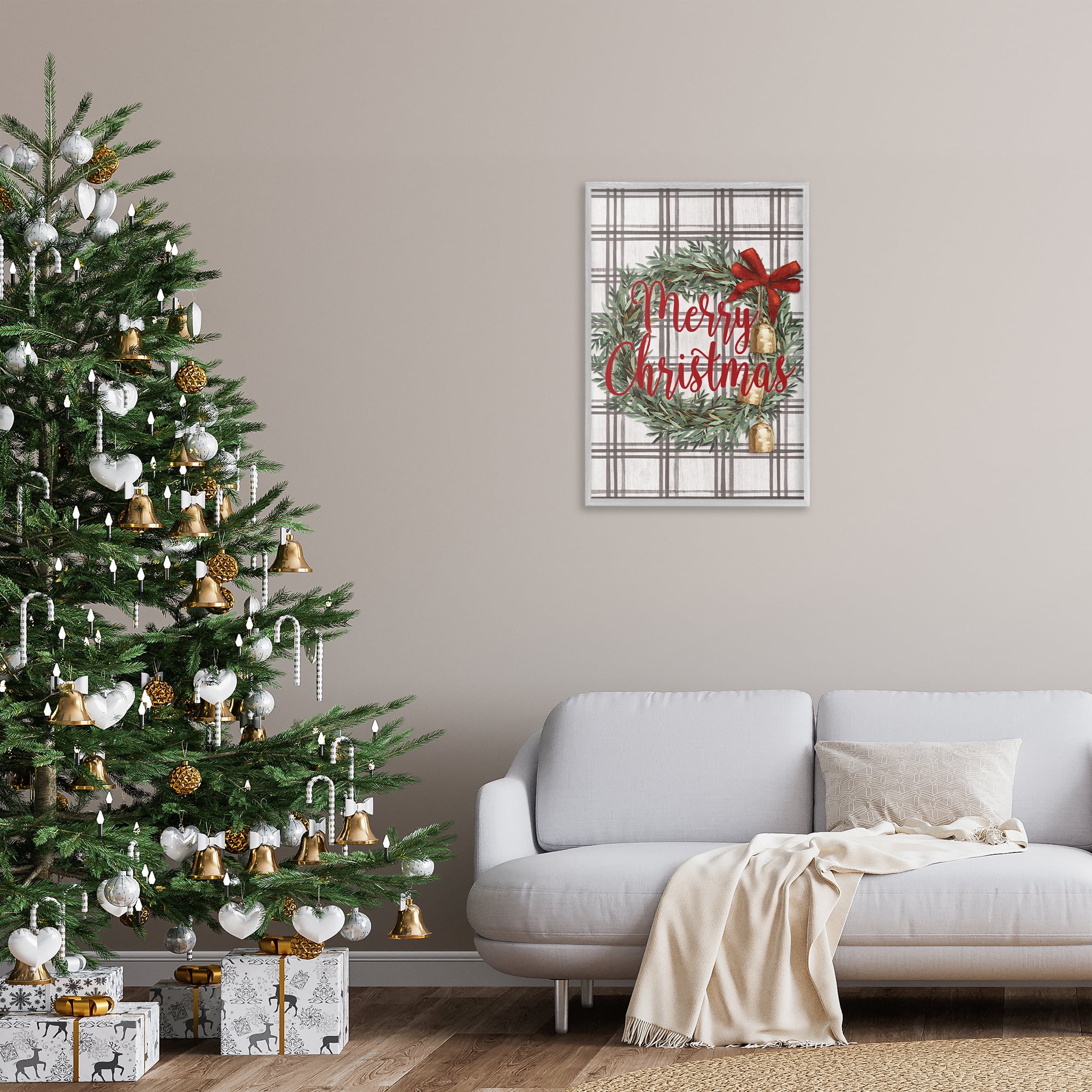 Stupell Industries Plaid Christmas Wreath Holiday Painting Gray Framed Art Prints Wall Art, 20 x 30
