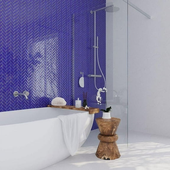 Apollo Tile 5 Pack 11-in x 12.6-in Royal Blue Herringbone Glossy Finished Glass Mosaic Wall and Floor Tile (4.92 sq ft/case)