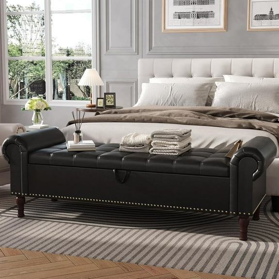 60” Bench with Storage, Queen Size Faux Leather End of Bed Bench with Tufted Button, Ottoman Bench with Rolled Arms & Vintage Rivets for Foot of Bed, Living Room, Entrance, Black