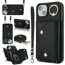 ShellTech for iPhone 13 Case with Card Holder and Strap - Zipper Pocket,Lanyard Strap,Credit Card Holder,Stand Ring,Cute Phone Wallet Case for Women,Black
