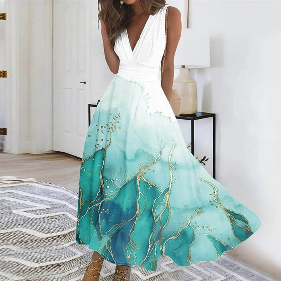 AOOCHASLIY Ladies Dress Women's Summer Plain Sleeveless V-Neck Wrapped Chest Tie-dye Print Dress Long Dress