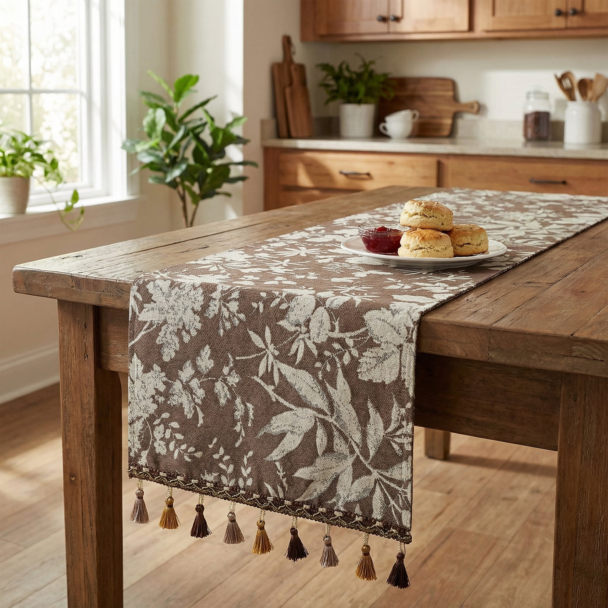 Unique Bargains Floral Table Decoration Kitchen Runner with Tassel Coffee 13.8x63in