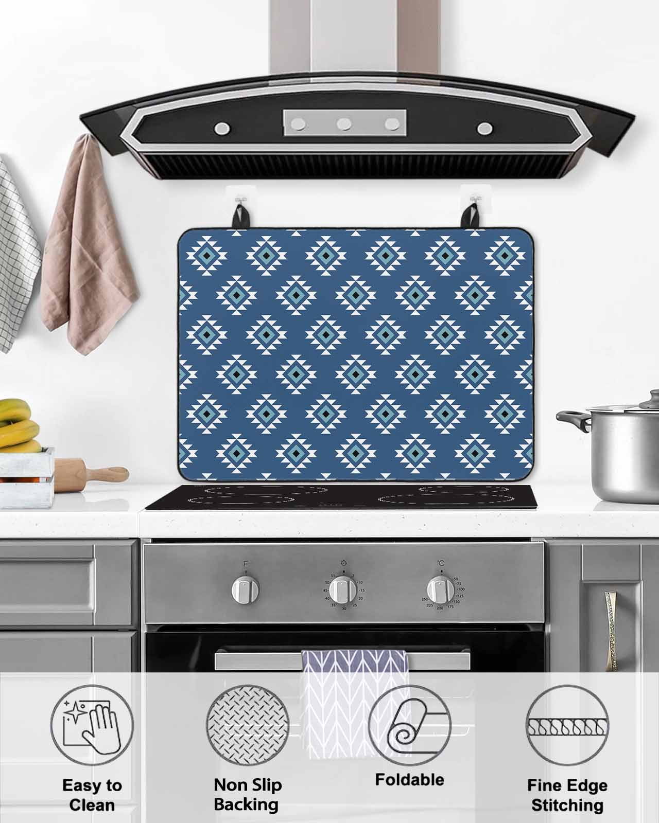 nqOlkjepod Large Induction Cooktop Protector Mat 24"x21", Blue Boho Geometric Stove Top Covers for Electric Stove, Farmhouse Southwest Motifs Art Stove Burner Cover Mats, Glass Top Stove Cover