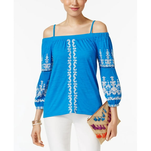 INC International Concepts Embroidered Cold Shoulder Top Caribe Blue PM